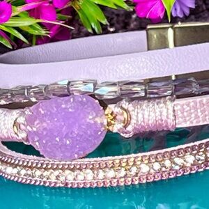 Boho Leather Wrap Bracelet with Crystal Beads & Stone Charm Adjustable